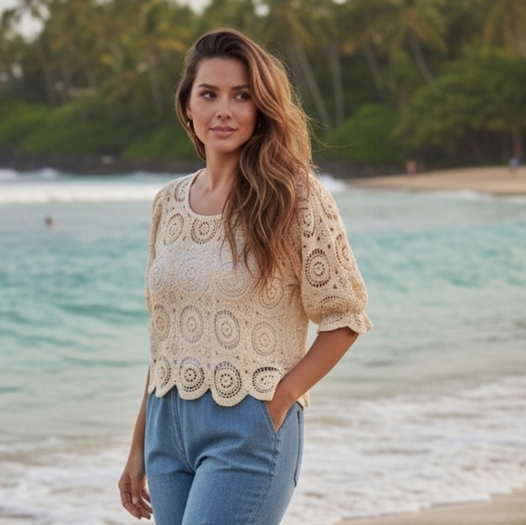 Solitaire Tops - 💗Crochet Cropped Top in Cream